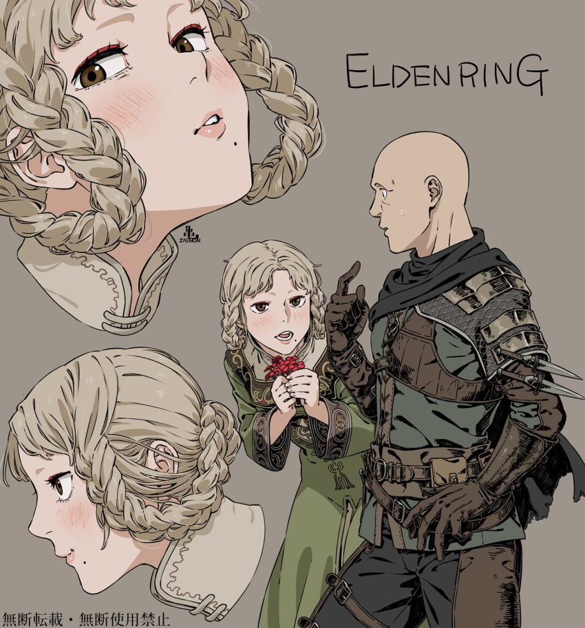 1boy 1girl arched_back armor bald blonde_hair braid brown_eyes cape chinese_text dress elden_ring embarrassed eyeliner gloves highres kamezaemon knife leather leather_armor leather_gloves looking_at_viewer makeup mole mole_under_mouth open_mouth patches_(from_software) puckered_lips rya_(elden_ring) simple_background throwing_knife twin_braids weapon