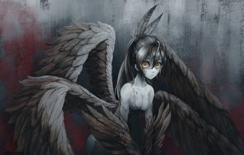 1girl ahoge bangs bare_shoulders bird_girl bird_wings blood blood_on_wall breasts cleavage feather_hair_ornament feathers gaecho_123 greyscale hair_ornament hairclip harpy highres hololive hololive_english long_hair looking_at_viewer medium_breasts monochrome monster_girl monsterification multiple_wings nanashi_mumei official_alternate_costume ponytail sidelocks very_long_hair virtual_youtuber winged_arms wings yellow_eyes