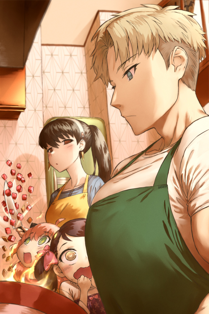 1boy 3girls anya_(spy_x_family) apron becky_blackbell black_hair blue_eyes blush cooking earrings fire food haraya_manawari heart heart-shaped_pupils highres jewelry kitchen large_pectorals long_hair looking_at_another meat meme multiple_girls open_mouth pectoral_envy_(meme) pectorals red_eyes short_hair sparkling_eyes spy_x_family symbol-shaped_pupils twilight_(spy_x_family) white_apron yor_briar