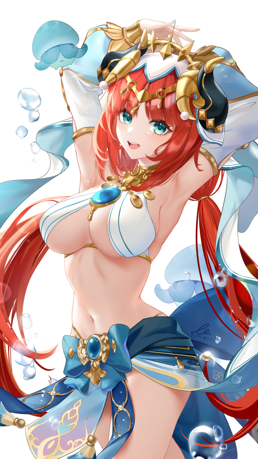 1girl :d armpits arms_up bangs blue_bow blue_nails bow bracer breasts brooch cowboy_shot crop_top dancer detached_sleeves fungi_(genshin_impact) genshin_impact gold_trim green_eyes happy harem_outfit highres horns jewelry liu_liaoliao long_sleeves looking_at_viewer low_twintails medium_breasts nail_polish navel neck_ring nilou_(genshin_impact) parted_bangs puffy_long_sleeves puffy_sleeves revealing_clothes see-through shirt signature simple_background sleeveless sleeveless_shirt smile solo stomach sweat teeth thighs twintails twitter_username upper_teeth veil vision_(genshin_impact) water_drop white_background white_headdress