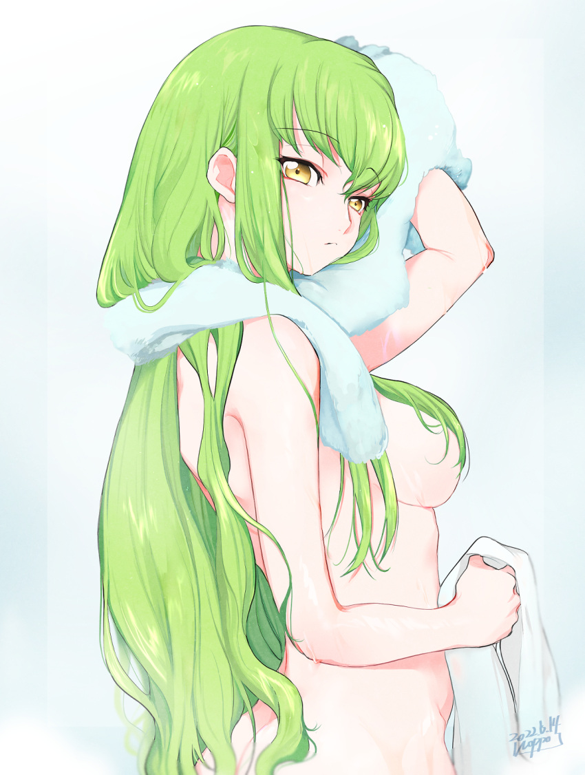 1girl arm_up breasts butt_crack c.c. closed_mouth code_geass drying drying_hair from_side highres holding holding_towel long_hair looking_to_the_side medium_breasts noppo nude shiny shiny_hair sideboob solo towel towel_around_neck wet wet_hair yellow_eyes