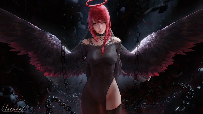 1girl arms_behind_back artist_name bangs black_choker black_dress black_thighhighs black_wings braid breasts chain chainsaw_man choker closed_mouth cowboy_shot dress feathered_wings feathers hair_over_shoulder halo long_hair looking_at_viewer makima_(chainsaw_man) medium_breasts off-shoulder_dress off_shoulder red_hair see-through side_slit skull solo standing thighhighs unravel_page web_address wings yellow_eyes