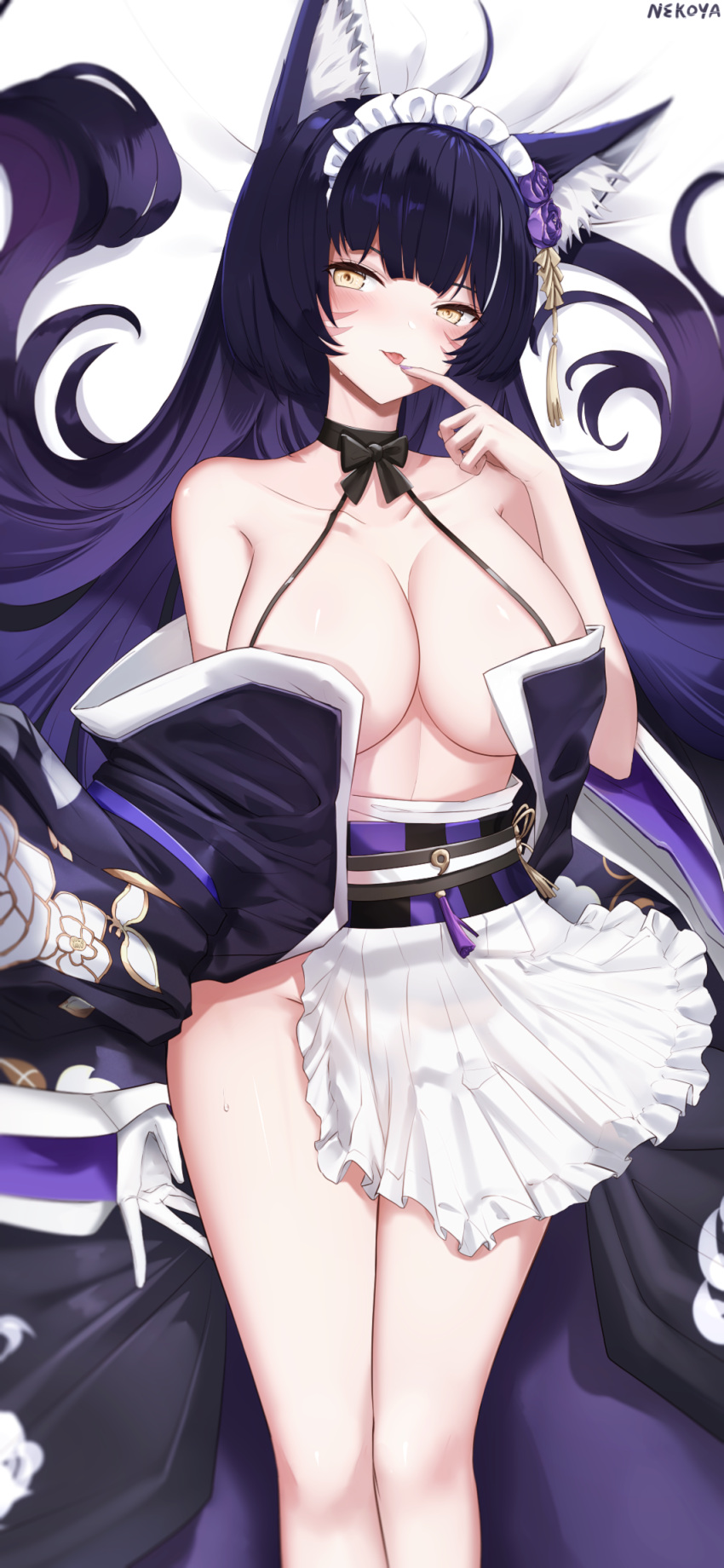 1girl :p animal_ear_fluff animal_ears apron azur_lane bangs black_bow black_choker bow bow_choker breasts choker cleavage facial_mark feet_out_of_frame finger_to_mouth flower fox_ears frilled_apron frills gloves hair_flower hair_ornament highres large_breasts long_hair looking_at_viewer lying maid_headdress musashi_(azur_lane) musashi_(violet_moonglow)_(azur_lane) nekoya_(liu) official_alternate_costume on_back on_bed open_clothes purple_flower purple_hair single_glove solo tongue tongue_out whisker_markings white_apron white_gloves yellow_eyes