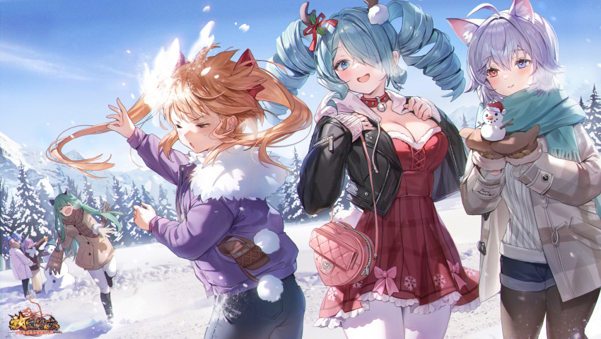 6+girls ahoge animal_ear_fluff animal_ears antlers ass bag bangs bell black_footwear black_jacket black_pants black_shorts blue_eyes blue_hair blue_scarf boots bow breasts brown_hair brown_jacket brown_mittens brown_pantyhose brown_scarf brown_skirt character_request cleavage coat collar commentary_request day dress drill_hair frilled_dress frills fringe_trim fur-trimmed_dress fur-trimmed_headwear fur_trim green_hair grey_coat grey_hair hair_bow hair_over_one_eye hands_up hat heart-shaped_bag heterochromia highres holding houchi_shoujo jacket jingle_bell knee_boots legwear_under_shorts long_sleeves medium_breasts merry_christmas mittens multiple_girls neck_bell open_clothes open_jacket outdoors pants pantyhose pink_hair purple_jacket red_collar red_dress red_eyes red_headwear santa_hat scarf shirt short_shorts shorts shoulder_bag skirt sleeves_past_wrists snow snowball snowman standing standing_on_one_leg star_(symbol) tree twin_drills twintails white_bow white_jacket white_pants white_pantyhose white_shirt whoisshe