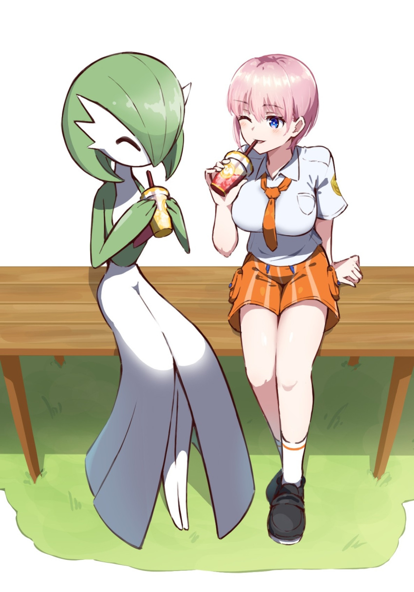 2girls ^_^ alternate_costume bangs bench black_footwear blue_eyes blush bob_cut breast_pocket breasts closed_eyes collared_shirt colored_skin commentary cosplay crossover cup day disposable_cup drawstring drink drinking drinking_straw english_commentary flat_chest gardevoir go-toubun_no_hanayome grass green_hair green_skin hair_over_one_eye hand_up hands_up happy highres holding holding_cup holding_drink juliana_(pokemon) juliana_(pokemon)_(cosplay) kooeiatd111020 large_breasts legs legs_together looking_at_another mixed-language_commentary multicolored_skin multiple_girls nakano_ichika necktie one_eye_closed one_eye_covered open_mouth orange_necktie orange_shorts outdoors pink_hair pocket pokemon pokemon_(creature) pokemon_(game) pokemon_sv shiny shiny_hair shirt shoes short_hair short_sleeves shorts sidelocks simple_background smile socks striped striped_shorts thighs two-tone_skin white_background white_shirt white_skin white_socks