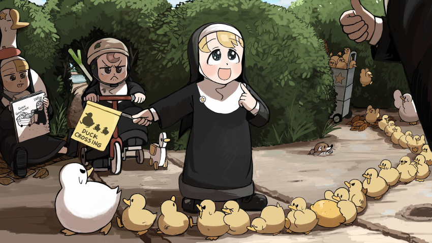 4girls :&lt; :d @_@ aged_down autumn_leaves beret bird black_footwear blonde_hair blue_eyes brown_eyes brown_hair bush catholic chick chicken clumsy_nun_(diva) diva_(hyxpk) drawing duck duckling english_commentary flag food froggy_nun_(diva) fruit goose habit hat highres holding holding_flag lemon little_nuns_(diva) mole_(animal) multiple_girls notepad nun odd_one_out pointing pointing_at_self red_headwear riding_tricycle smile spicy_nun_(diva) star_nun_(diva) star_ornament thumbs_up tricycle yellow_eyes