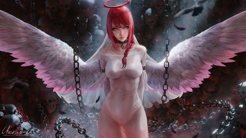 1girl arms_behind_back artist_name bangs black_choker black_thighhighs braid breasts chain chainsaw_man choker closed_mouth cowboy_shot dress feathered_wings feathers hair_over_shoulder halo long_hair looking_at_viewer makima_(chainsaw_man) medium_breasts off-shoulder_dress off_shoulder red_hair see-through side_slit skull solo standing thighhighs unravel_page web_address white_dress white_wings wings yellow_eyes