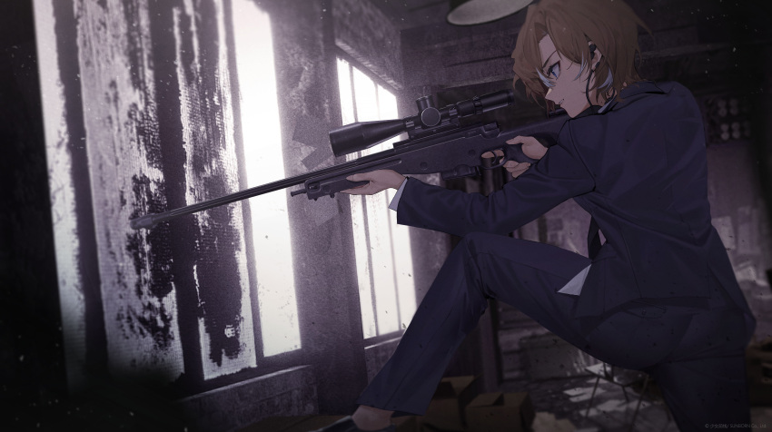 1girl absurdres ai_arctic_warfare bolt_action brown_hair commentary_request cowboy_shot earpiece formal girls'_frontline gun highres light_particles official_art pants q_(girls'_frontline) rifle short_hair sniper_rifle sniper_scope solo suit weapon weapon_request window