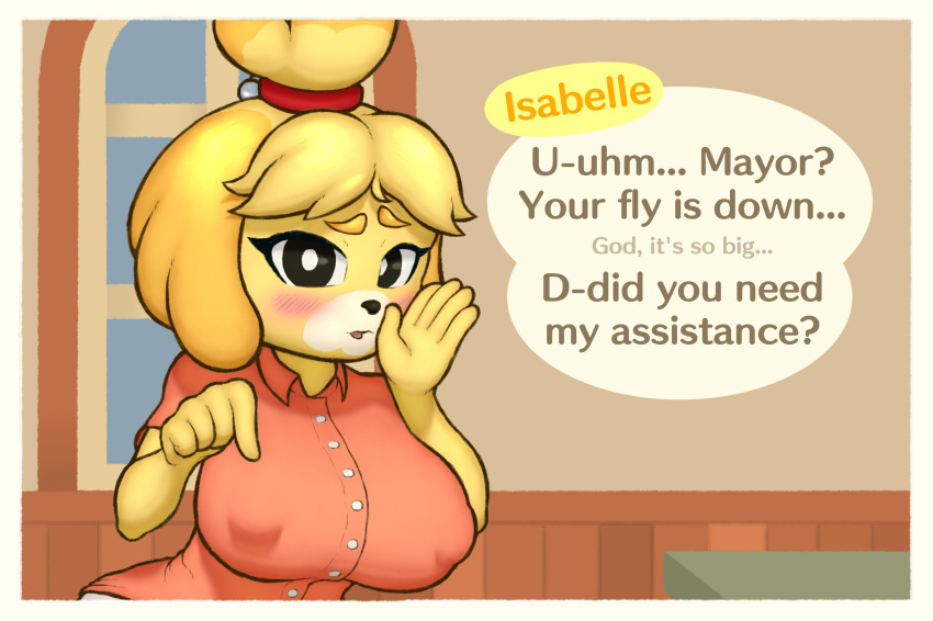 animal_crossing anthro big_breasts blonde_hair blush breasts canid canine canis clothed clothing desk dialogue domestic_dog embarrassed female fingers first_person_view fur furniture gesture hair hi_res isabelle_(animal_crossing) mammal nintendo office oliversart open_mouth pointing shih_tzu table text toy_dog video_games window yellow_body