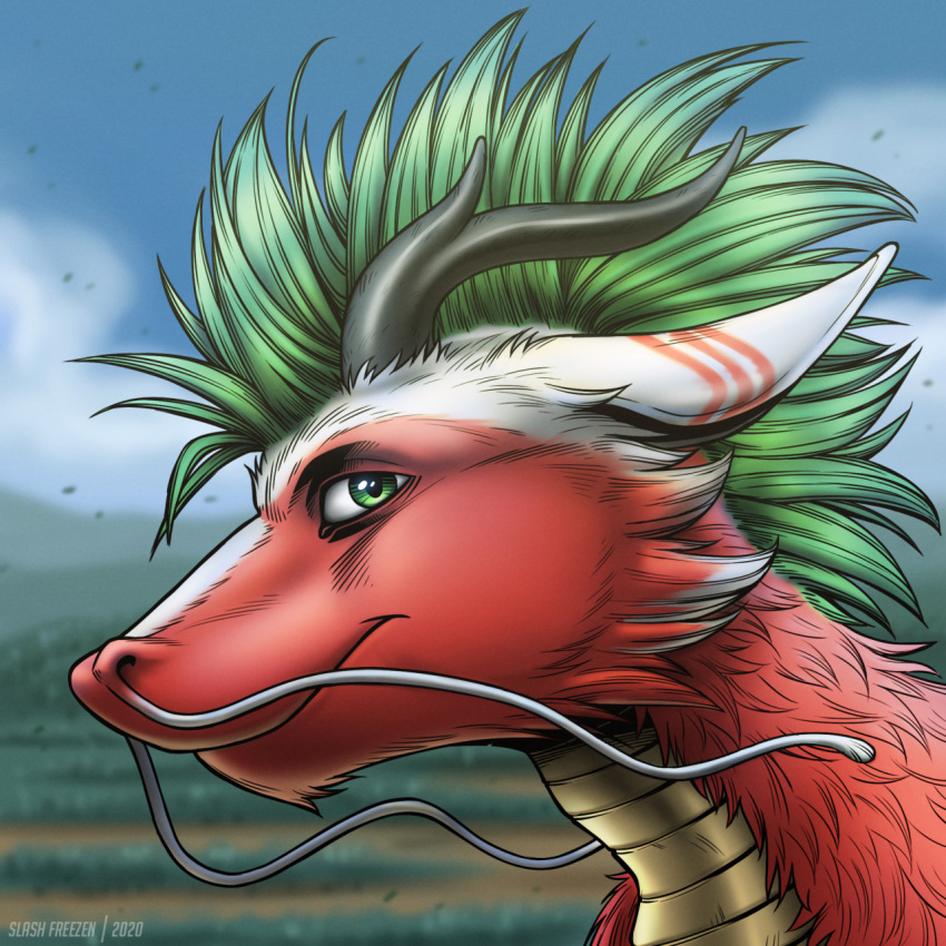 1:1 2020 anthro artist_name bust_portrait cheek_tuft closed_smile dated dragon ears_back facial_tuft fur furred_dragon glistening glistening_eyes green_eyes green_hair grey_horn hair hi_res horn looking_at_viewer male mouth_closed neck_tuft pivoted_ears portrait red_body red_fur scales simple_background slash_freezen solo striped_ears tuft white_body white_fur yellow_body yellow_scales