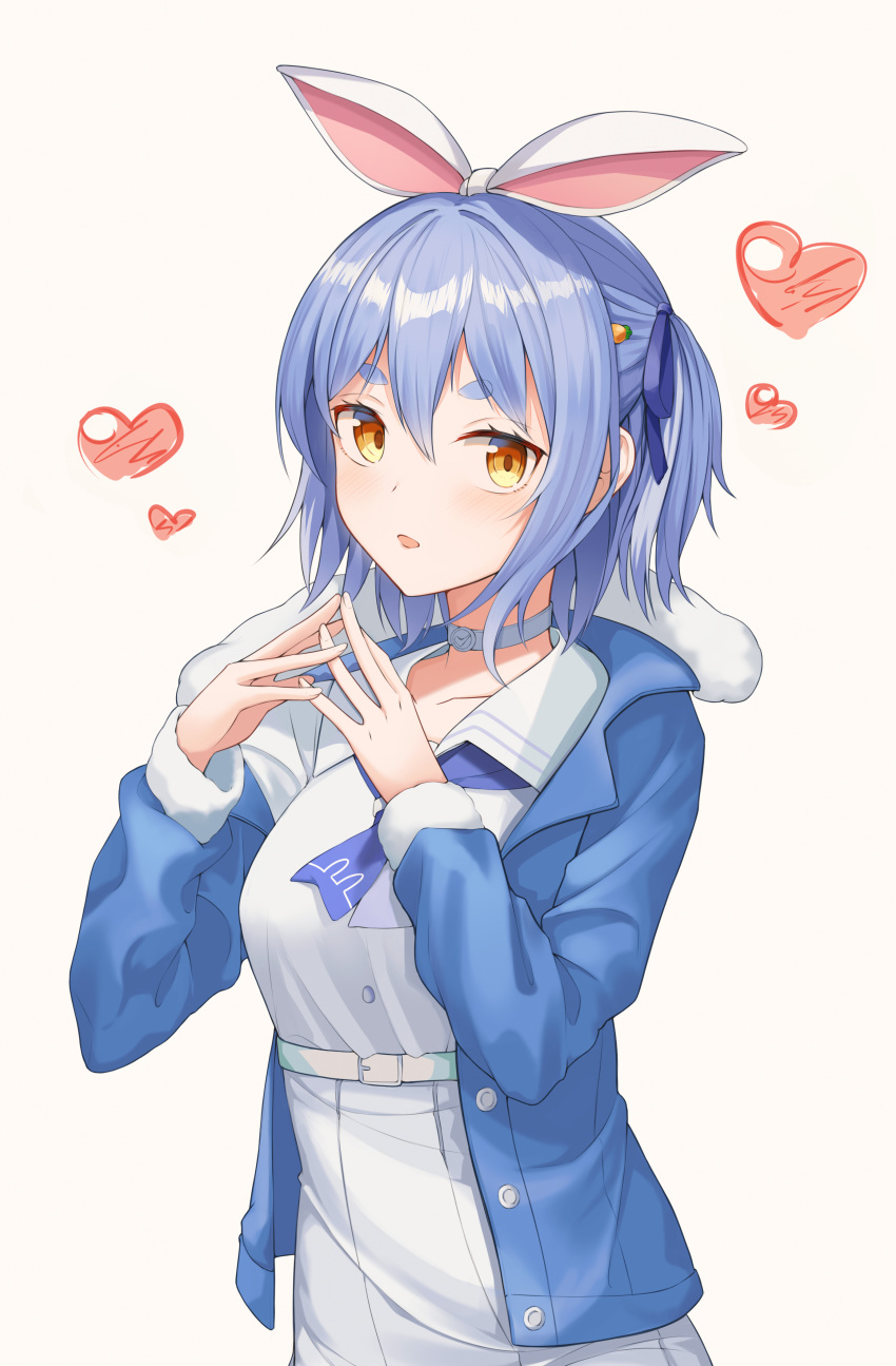 1girl absurdres alternate_hairstyle animal_ears blue_choker blue_hair blue_jacket carrot_hair_ornament choker food-themed_hair_ornament hair_ornament hair_ribbon heart highres hololive jacket looking_at_viewer rabbit_ears ribbon shirt simple_background standing thick_eyebrows two_side_up usada_pekora virtual_youtuber white_background white_shirt yellow_eyes yt9676