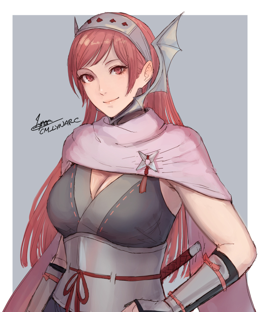 1girl bangs breasts cape cherche_(fire_emblem) cleavage cm_lynarc commentary fire_emblem fire_emblem_awakening fire_emblem_heroes grey_background grey_hairband grey_kimono grey_sash hairband highres japanese_clothes kimono large_breasts long_hair looking_at_viewer obi official_alternate_costume pink_cape pink_eyes pink_hair sash simple_background sleeveless sleeveless_kimono smile solo upper_body very_long_hair