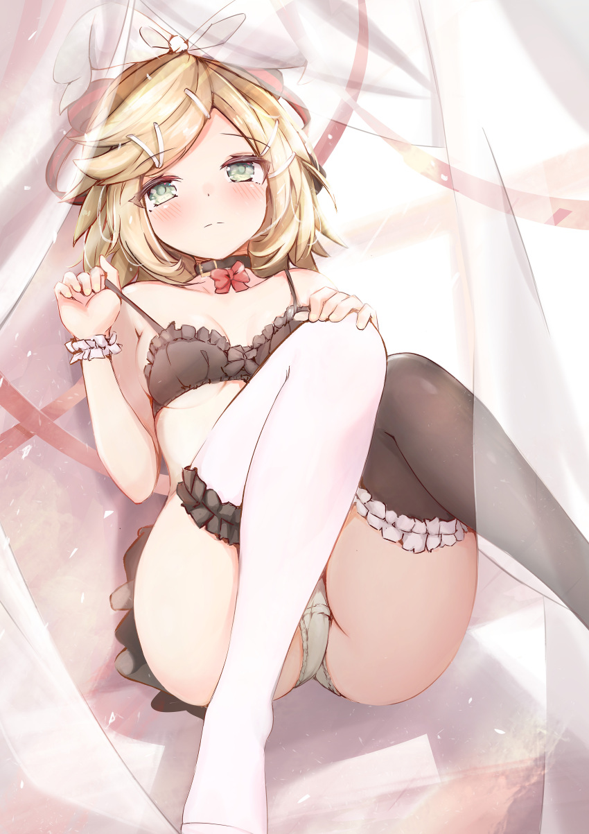 1girl 25-ji_night_code_de._(project_sekai) absurdres asymmetrical_legwear bangs bare_shoulders black_bra black_collar black_thighhighs blonde_hair blush bow bow_bra bra breasts closed_mouth collar collarbone commentary_request curtains feet_out_of_frame frilled_bra frilled_thighhighs frills green_eyes hair_ornament hair_ribbon hairclip highres kagamine_rin looking_at_viewer lying mismatched_legwear on_back panties project_sekai red_bow ribbon small_breasts solo strap_pull swept_bangs thighhighs transparent underwear vocaloid white_panties white_ribbon white_thighhighs wrist_cuffs xiaodai_lonely