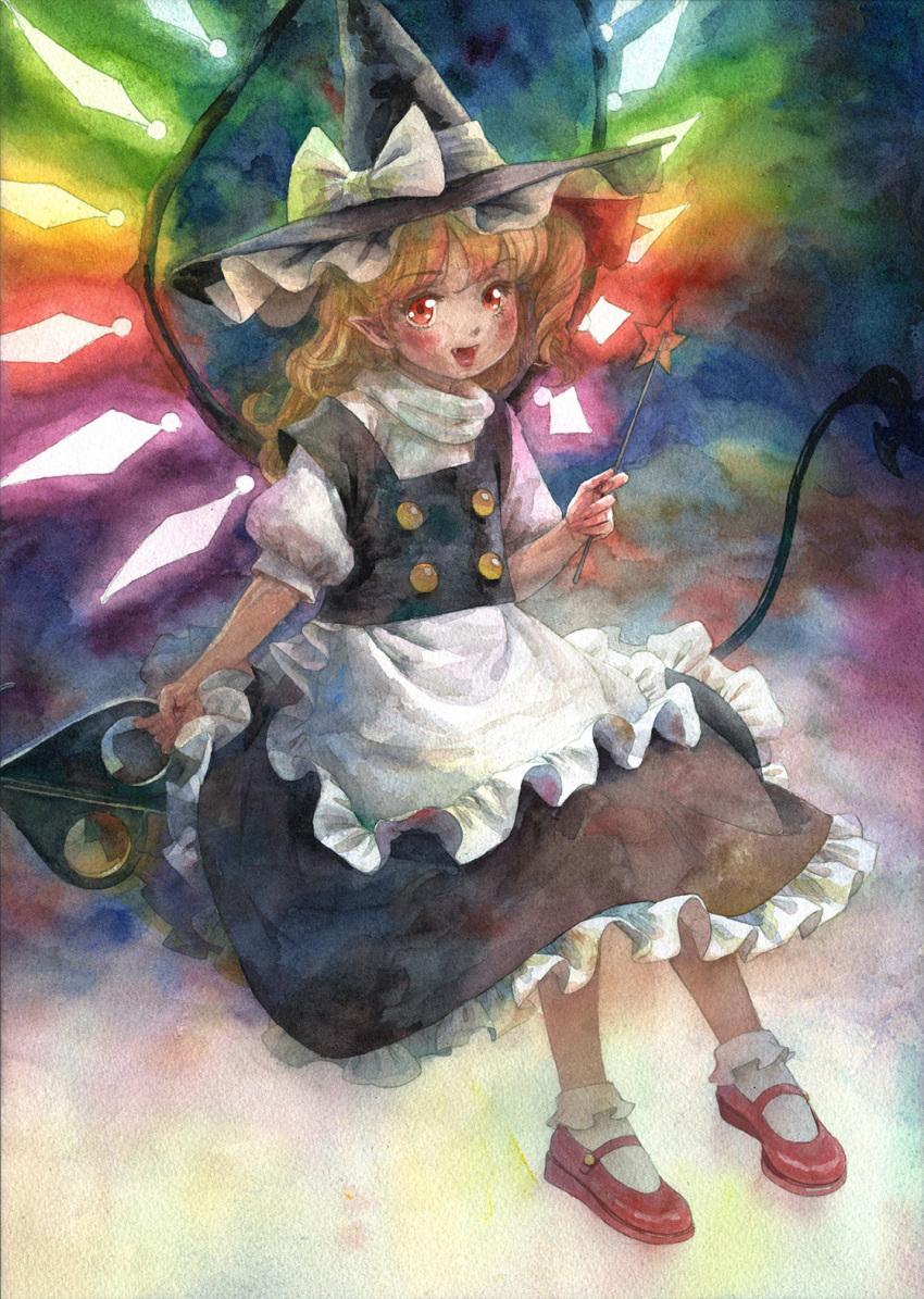 1girl apron back_bow black_headwear black_skirt black_vest blonde_hair bow buttons cosplay crystal fang flandre_scarlet frilled_skirt frills hair_bow hat hat_bow highres kirisame_marisa kirisame_marisa_(cosplay) laevatein_(touhou) mary_janes medium_hair misawa_hiroshi one_side_up painting_(medium) pointy_ears puffy_short_sleeves puffy_sleeves red_eyes red_footwear shirt shoes short_sleeves simple_background skirt skirt_set socks solo touhou traditional_media turtleneck vest waist_apron watercolor_(medium) white_apron white_background white_bow white_shirt wings witch_hat