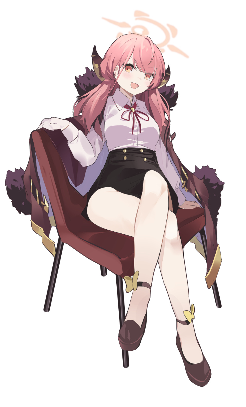 1girl :d absurdres anklet aru_(blue_archive) bangs blue_archive chair coat coat_on_shoulders commentary coria crossed_legs demon_girl demon_horns eyes_visible_through_hair fur-trimmed_coat fur_trim gloves halo highres horns jewelry long_hair long_sleeves looking_at_viewer parted_bangs pencil_skirt pink_eyes pink_hair school_uniform sidelocks simple_background skirt smile solo symbol-shaped_pupils white_background white_gloves