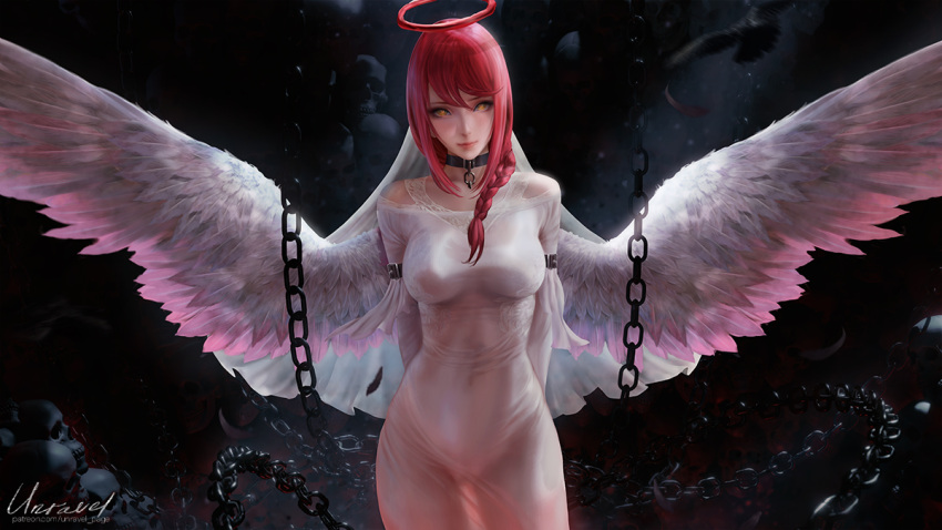 1girl arms_behind_back artist_name bangs black_choker black_thighhighs braid breasts chain chainsaw_man choker closed_mouth cowboy_shot dress feathered_wings feathers hair_over_shoulder halo long_hair looking_at_viewer makima_(chainsaw_man) medium_breasts off-shoulder_dress off_shoulder red_hair see-through side_slit skull solo standing thighhighs unravel_page web_address white_dress white_wings wings yellow_eyes