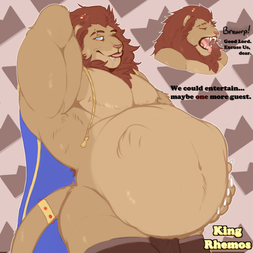 abdominal_bulge anthro belly big_belly bodily_fluids burping drooling felid hand_on_stomach hi_res king lion male mammal muscular muscular_male pantherine royalty saliva same_size_vore text vore zyyphelze