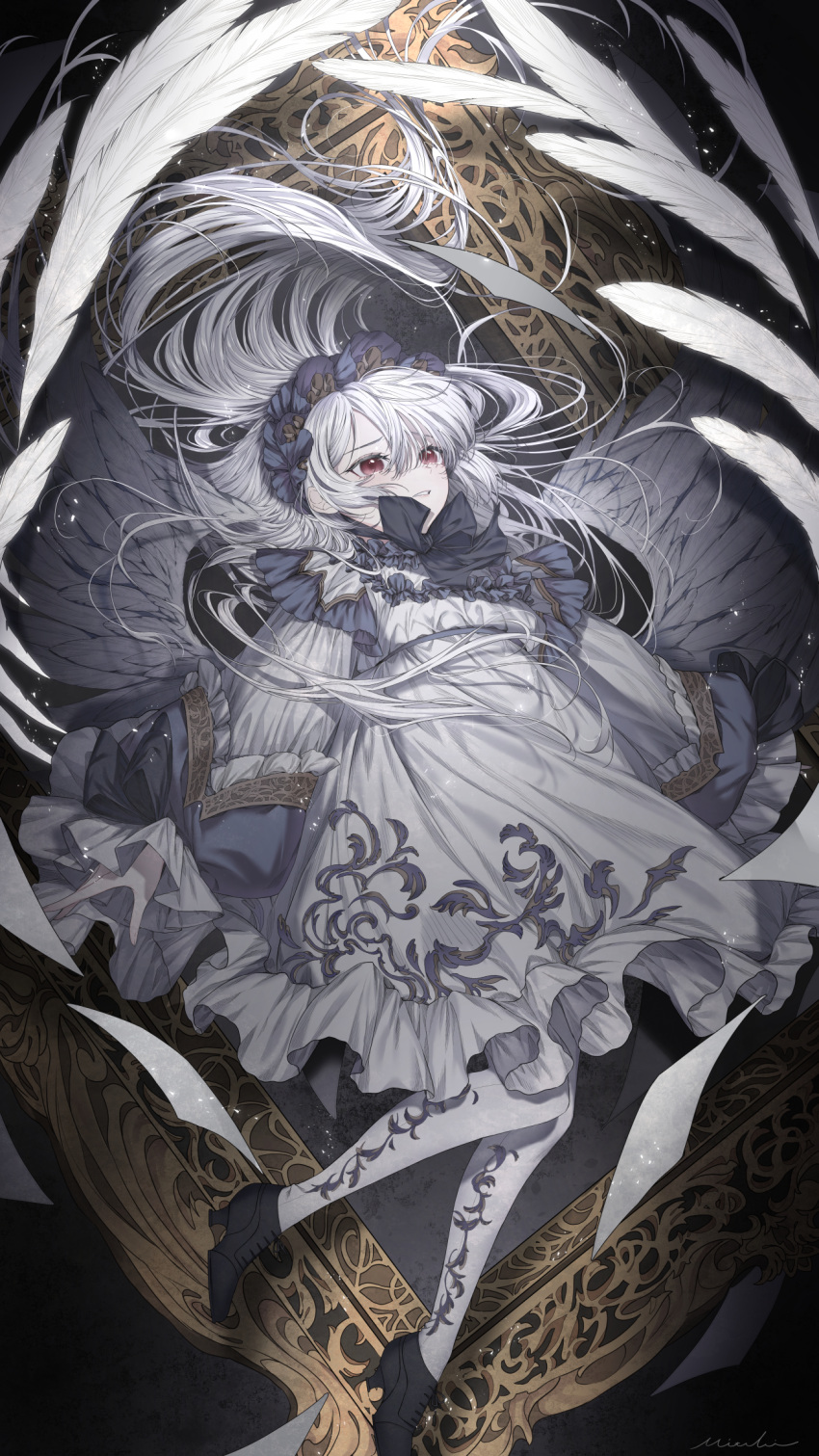 1girl albino angel angel_wings chocolate4170615 dress falling frilled_dress frills highres leggings long_hair long_sleeves looking_up original picture_frame red_eyes solo white_dress white_hair white_leggings wings