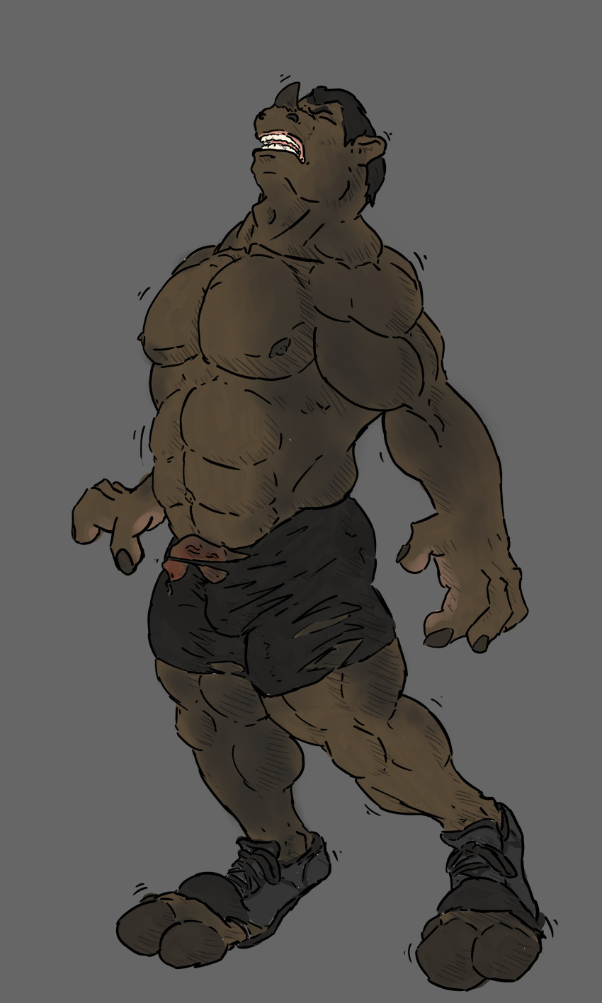 absurd_res anthro bodily_fluids erection genital_fluids growth hi_res lancethewereyena male mammal mid_transformation muscular precum rhinocerotoid rippage solo transformation