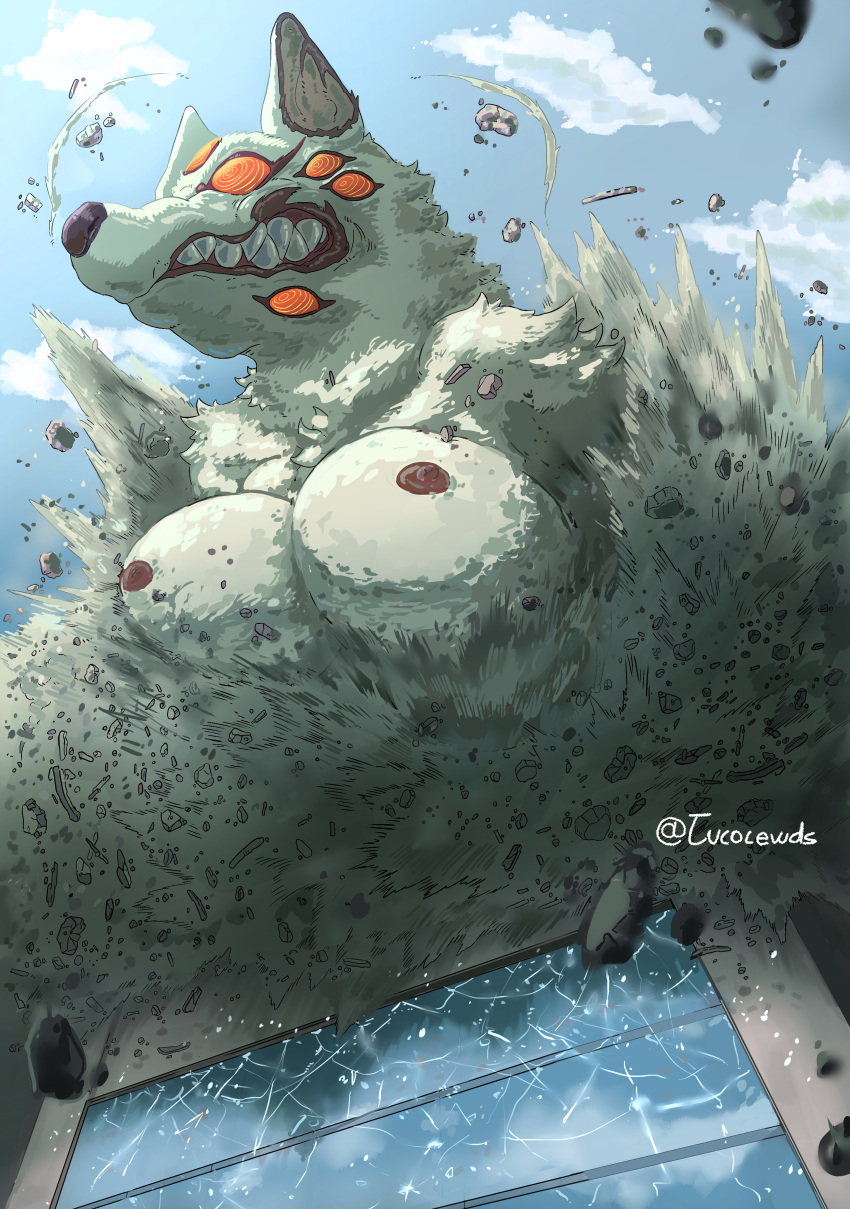 2022 2d_(artwork) absurd_res angry angry_eyes anime_style anthro big_breasts blue_sky boob_smothering bouncing_breasts breasts building building_destruction canid canine chainsaw_man city city_background city_destruction cityscape clenched_teeth cloud cracks curvy_figure debris demon destroyed_building destruction detailed_background digital_drawing_(artwork) digital_media_(artwork) digital_painting_(artwork) dust ears_up explosion exposed_breasts eyelashes fangs female fox fur glass grey_body grey_fur growling hi_res huge_breasts humanoid kon_(chainsaw_man) long_eyelashes looking_away looking_up macro mammal monster monster_girl_(genre) mouth_closed multi_eye nipples nude perspective purple_nipples red_eyes sky solo teeth teeth_showing tucolewds voluptuous voluptuous_female white_body white_fur
