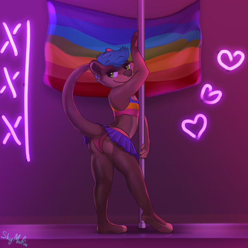 &lt;3 anthro blue_bottomwear blue_clothing blue_hair blue_skirt bottomwear butt clothing eyeliner grabbing_pole green_eyes hair hi_res lgbt_pride lights looking_at_viewer looking_back looking_back_at_viewer lutrine makeup male mammal multicolored_body mustelid pansexual_pride_colors panties paws pink_clothing pink_panties pink_underwear pole presenting presenting_hindquarters pride_colors raised_tail skirt skymafia solo stage stripper_pole suggestive two_tone_body underwear