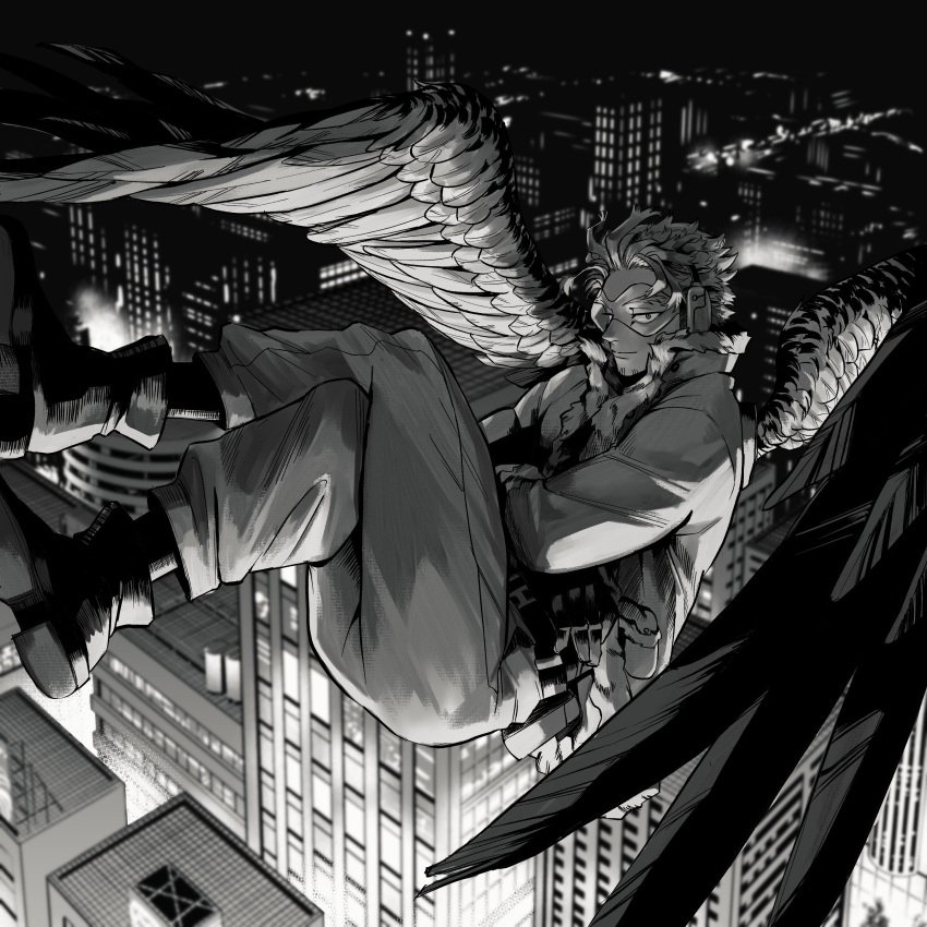 1boy absurdres boku_no_hero_academia boots cityscape crossed_legs facial_hair feathered_wings flying full_body goggles greyscale hawks_(boku_no_hero_academia) highres kogu_(nue_insideout) looking_at_viewer male_focus monochrome night pants short_hair smile smug solo spread_wings stubble wings