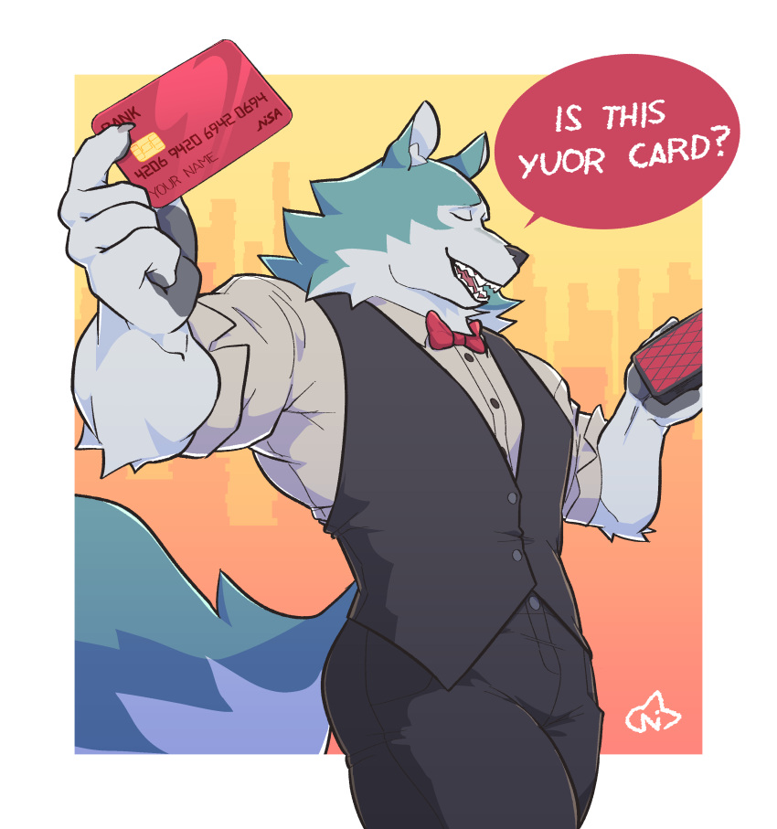 absurd_res anthro blue_body blue_fur bow_tie brand_new_animal canid canine canis card clothed clothing fur hi_res male mammal necktie ni_draw shirou_ogami smile solo studio_trigger suit topwear white_body white_fur wolf