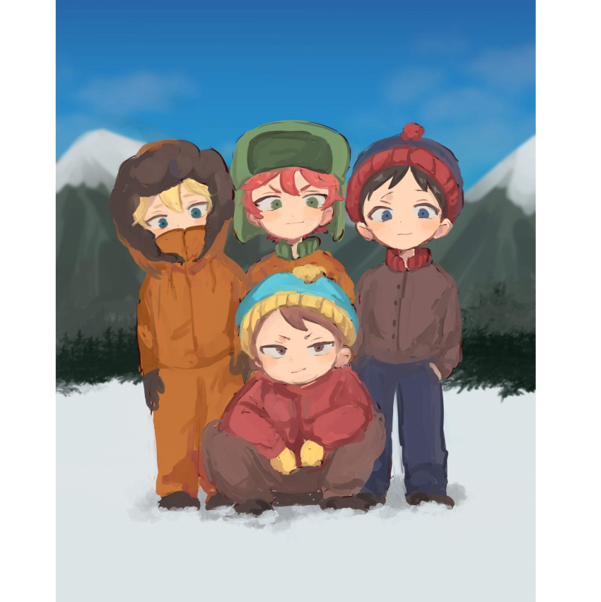 4boys absurdres beanie black_hair blonde_hair blue_eyes brown_eyes brown_hair coat eric_cartman green_eyes hand_in_pocket hat highres kenny_mccormick kyle_broflovski male_focus mittens mountain multiple_boys nojiko_(natumag) red_hair snow south_park squatting stan_marsh v-shaped_eyebrows winter_clothes winter_coat