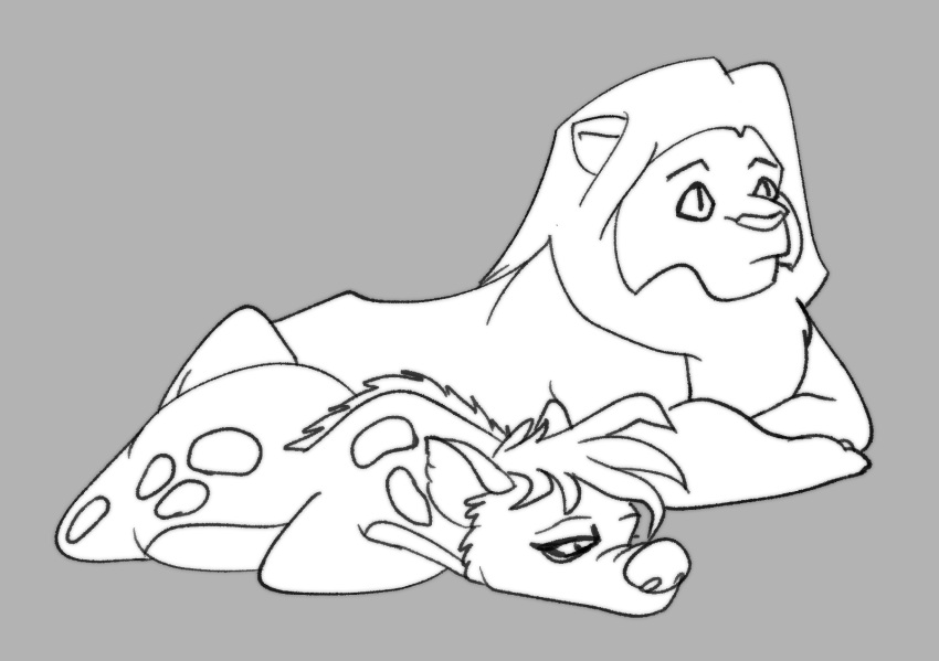 anonymous_artist crossed_arms disney duo felid female feral hair hi_res hyaenid lion loaf lying_on_ground male male/female mammal mane monochrome pantherine pupils shenzi simba slit_pupils spots surprise the_lion_king tired_eyes