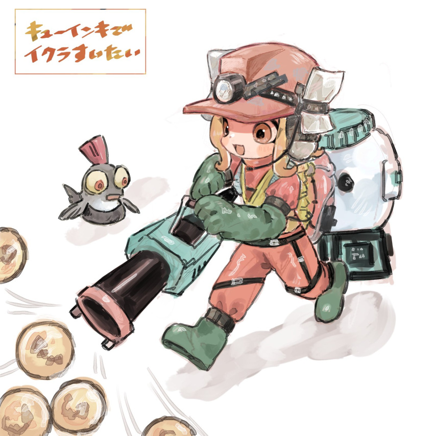 1girl :d blonde_hair boots colored_tongue duct_tape egg elbow_gloves eyes_visible_through_hair gloves green_footwear green_gloves hardhat headphones helmet high-visibility_vest highres holding ink_vac_(splatoon) jumpsuit lifebuoy long_hair microphone octarian octoling octoling_girl open_mouth orange_eyes orange_headwear orange_jumpsuit orange_tongue plum0o0 rubber_boots rubber_gloves running salmon_run_(splatoon) salmonid searchlight smallfry_(splatoon) smile splatoon_(series) splatoon_3 tape tentacle_hair translation_request vest