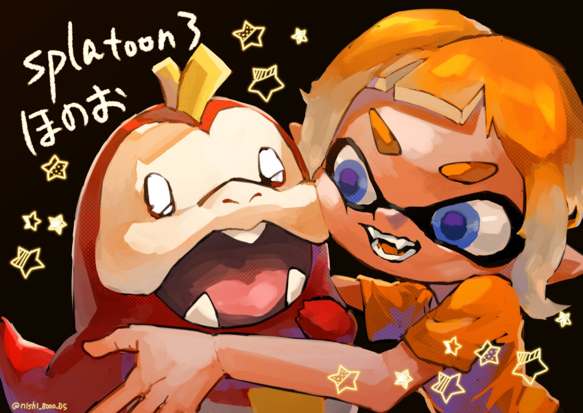 1girl :d blue_eyes brown_background cheek_squash colored_tongue company_connection crossover fangs fuecoco highres inkling inkling_girl nintendo open_mouth orange_hair orange_shirt orange_tongue pointy_ears pokemon pokemon_(creature) purple_pupils raru_nishizaki shirt short_hair short_sleeves smile splatoon_(series) splatoon_3 star_(symbol) t-shirt teeth tentacle_hair twitter_username