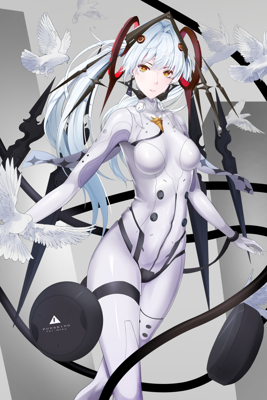 1girl absurdres artist_name bodysuit bracelet breasts commentary_request copyright_name cross-shaped_pupils earrings floating floating_hair_ornament floating_headgear floating_object floating_weapon for-miku grey_hair hair_between_eyes headgear highres jewelry long_hair luna_(punishing:_gray_raven) orange_eyes punishing:_gray_raven small_breasts symbol-shaped_pupils thighlet twintails white_bodysuit white_dove