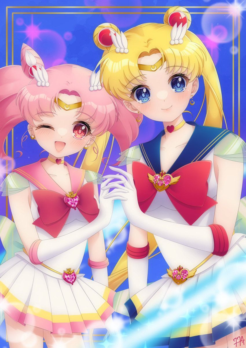 2girls 774nanashi back_bow bangs bishoujo_senshi_sailor_moon blonde_hair blue_background blue_eyes blue_sailor_collar border bow breasts brooch chibi_usa choker cowboy_shot crescent crescent_earrings double_bun earrings elbow_gloves gloves hair_bun hair_ornament heart heart_choker highres holding_hands jewelry light_blush looking_at_viewer medium_breasts mother_and_daughter multiple_girls one_eye_closed open_mouth parted_bangs pink_hair pink_sailor_collar pleated_skirt red_bow red_eyes sailor_chibi_moon sailor_collar sailor_moon sailor_senshi_uniform see-through see-through_sleeves sidelocks skirt smile tiara tsukino_usagi twintails white_gloves