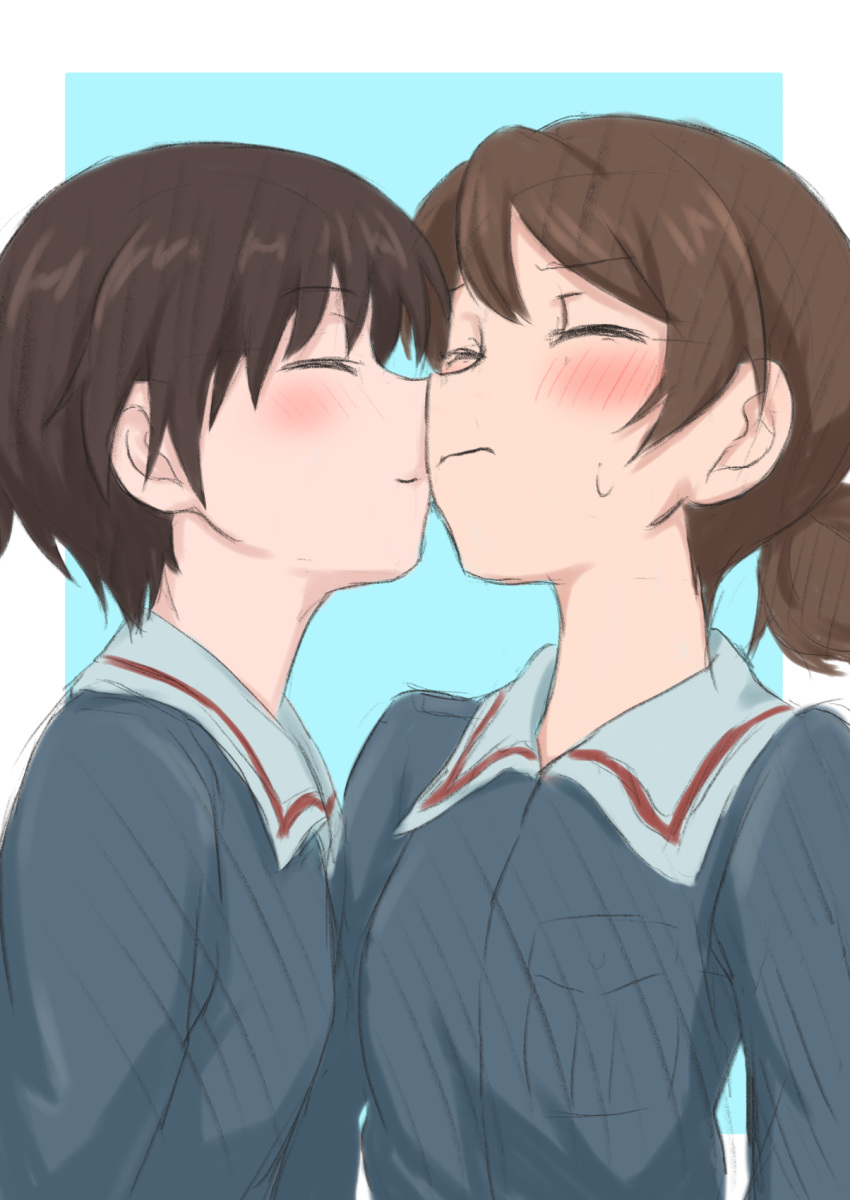 2girls blue_background blush border breasts brown_hair closed_eyes closed_mouth coffeenougat_1985 girls_und_panzer highres imminent_kiss isobe_noriko kawanishi_shinobu military military_uniform multiple_girls ooarai_military_uniform ponytail shiny shiny_hair short_hair simple_background small_breasts smile uniform white_border yuri