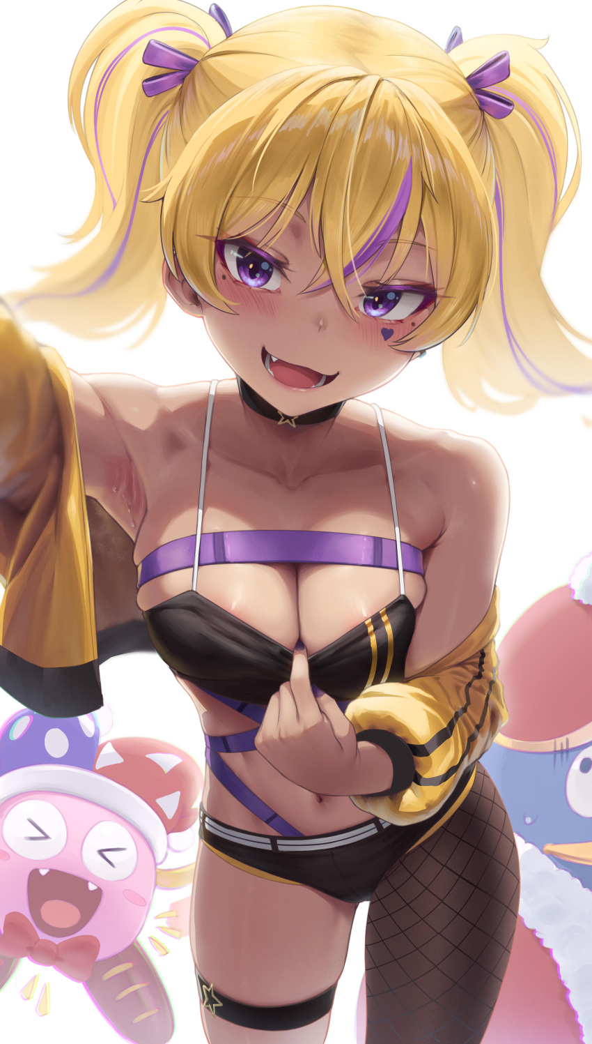 &gt;_&lt; 1girl absurdres armpits bangs black_choker black_pantyhose blonde_hair borrowed_character breasts choker cleavage collarbone commentary_request crossed_bangs facial_tattoo fang fingernails fishnet_pantyhose fishnets gyaru hair_between_eyes hair_ribbon heart heart_tattoo highres jacket kogal looking_at_viewer mole mole_under_eye multicolored_hair nail_polish navel open_clothes open_jacket open_mouth original padoruu pantyhose purple_eyes purple_hair purple_nails purple_ribbon ribbon selfie short_hair simple_background single_leg_pantyhose smile solo standing tattoo teeth thigh_strap thighs twintails two-tone_hair white_background yellow_jacket