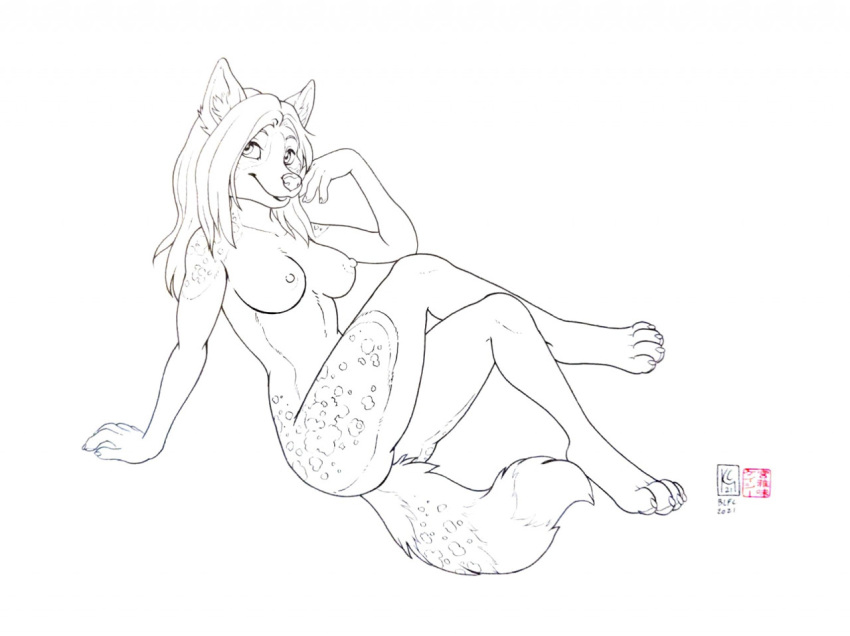 2021 anthro breasts canid canine canis digitigrade domestic_dog female inner_ear_fluff kacey line_art mammal nude reign_(scfiii) simple_background smile solo traditional_media_(artwork) tuft watermark