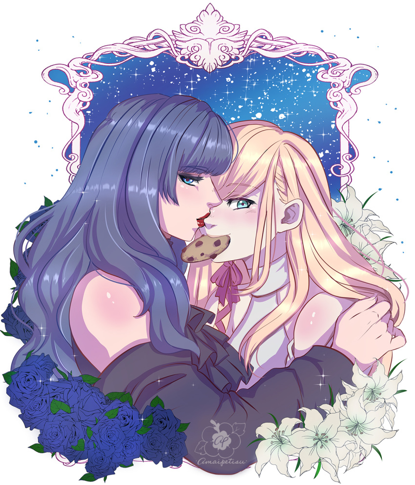 2girls bangs bare_shoulders black_hair blonde_hair blue_eyes clothing_cutout cookie dress final_fantasy final_fantasy_xiv flower food from_side gaia_(ff14) green_eyes hand_on_another's_shoulder highres hyur long_hair looking_at_viewer mouth_hold multiple_girls peti_(amaipetisu) red_lips rose ryne shoulder_cutout upper_body white_dress