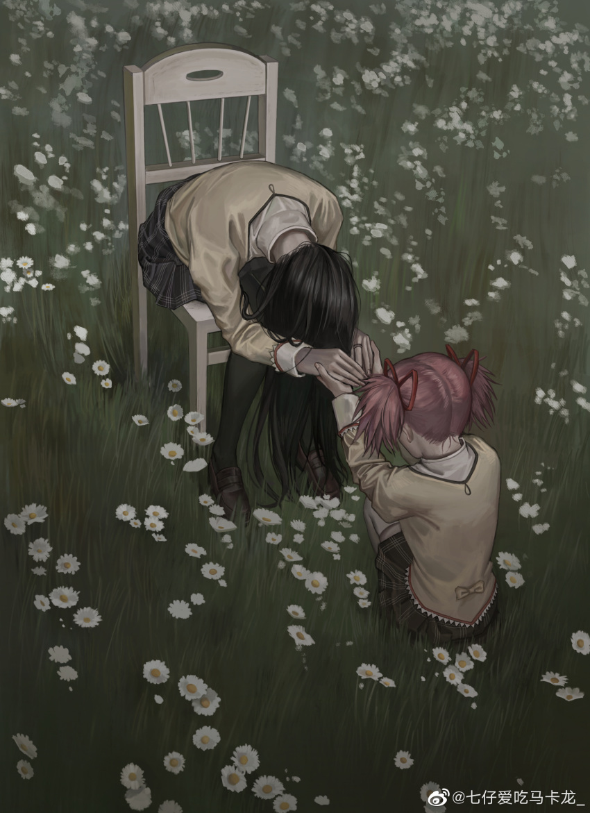 2girls absurdres akemi_homura black_hair black_pantyhose black_skirt brown_footwear chair commentary daisy flower from_above full_body grass hair_over_face hair_ribbon highres holding_hands jacket jewelry kaname_madoka leaning_forward loafers long_hair long_sleeves mahou_shoujo_madoka_magica mitakihara_school_uniform multiple_girls on_chair on_grass outdoors pantyhose pink_hair plaid plaid_skirt realistic ribbon ring school_uniform shoes short_hair short_twintails sitting skirt squatting thighhighs twintails weibo_logo weibo_username white_flower white_thighhighs yellow_jacket yuanqishaonu