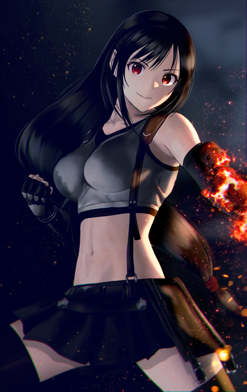 1girl absurdres bangs bare_shoulders black_bra black_gloves black_hair black_skirt black_thighhighs bra breasts clenched_hand cowboy_shot crop_top elbow_gloves embellished_costume fighting_stance final_fantasy final_fantasy_vii fingerless_gloves fire gloves highres konbanwa01 long_hair looking_at_viewer low-tied_long_hair medium_breasts midriff miniskirt navel red_eyes shirt skirt sleeveless sleeveless_shirt smile solo sports_bra suspenders thighhighs tifa_lockhart underwear white_shirt zettai_ryouiki