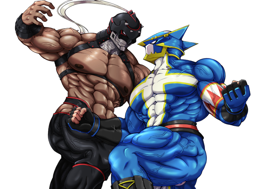 2boys abs absurdres bara belt biceps bodysuit chest_belt covered_face dekoi683 feet_out_of_frame fighting fighting_stance fingerless_gloves gloves highres large_pectorals leather leather_belt looking_at_another male_focus manboobs manly mask masked mature_male multiple_boys muscular muscular_male nipples original pants pectorals thick_arms thick_thighs thighs tight transparent_background veins veiny_arms wristband