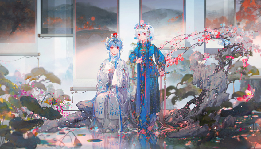 2girls blue_hair chinese_clothes closed_mouth flower hair_ornament hanging_scroll lily_pad mian_lang multiple_girls original parted_lips pond red_eyes rock scroll sheath short_hair_with_long_locks side_ponytail sitting sword tree weapon white_hair