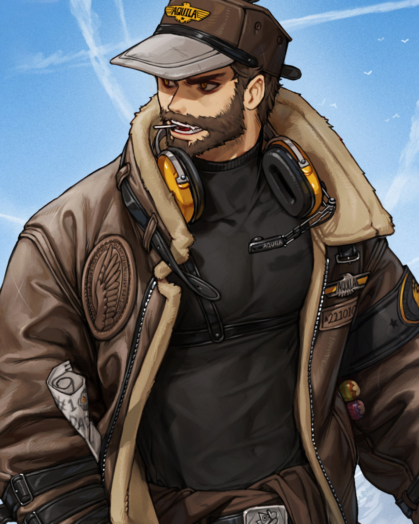 1boy bara baseball_cap beard black_gloves black_shirt boots brown_footwear brown_headwear brown_jacket brown_pants chest_harness clothes_around_waist covered_abs covered_navel cropped facial_hair frown full_body gloves golden_eagle harness hat headphones headphones_around_neck highres holding jacket looking_to_the_side male_focus mature_male original pants pectorals personification reference_inset rinotuna shirt shirt_around_waist shoes solo standing thick_eyebrows tinted_eyewear toned toned_male underbust