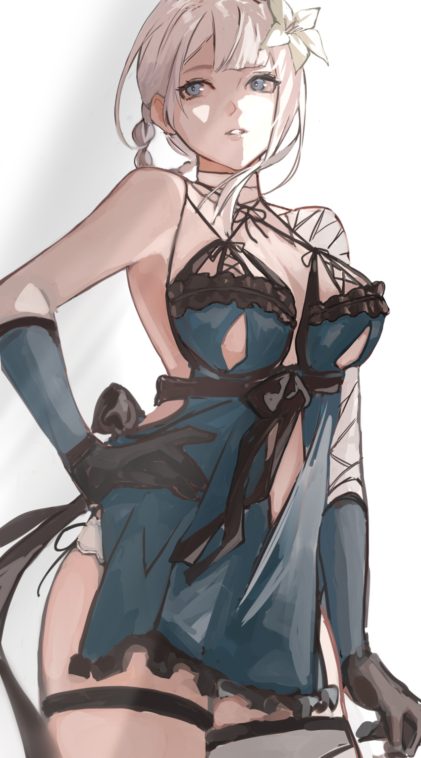 1girl absurdres bandaged_arm bandaged_neck bandages bangs black_gloves blue_dress blue_eyes blunt_bangs braid breasts cleavage cowboy_shot dress flower gloves hair_flower hair_ornament hand_on_hip highres kaine_(nier) large_breasts lingerie looking_to_the_side negligee nier nier_(series) pants parted_lips single_bare_shoulder solo standing thigh_strap toto underwear white_background white_flower white_pants