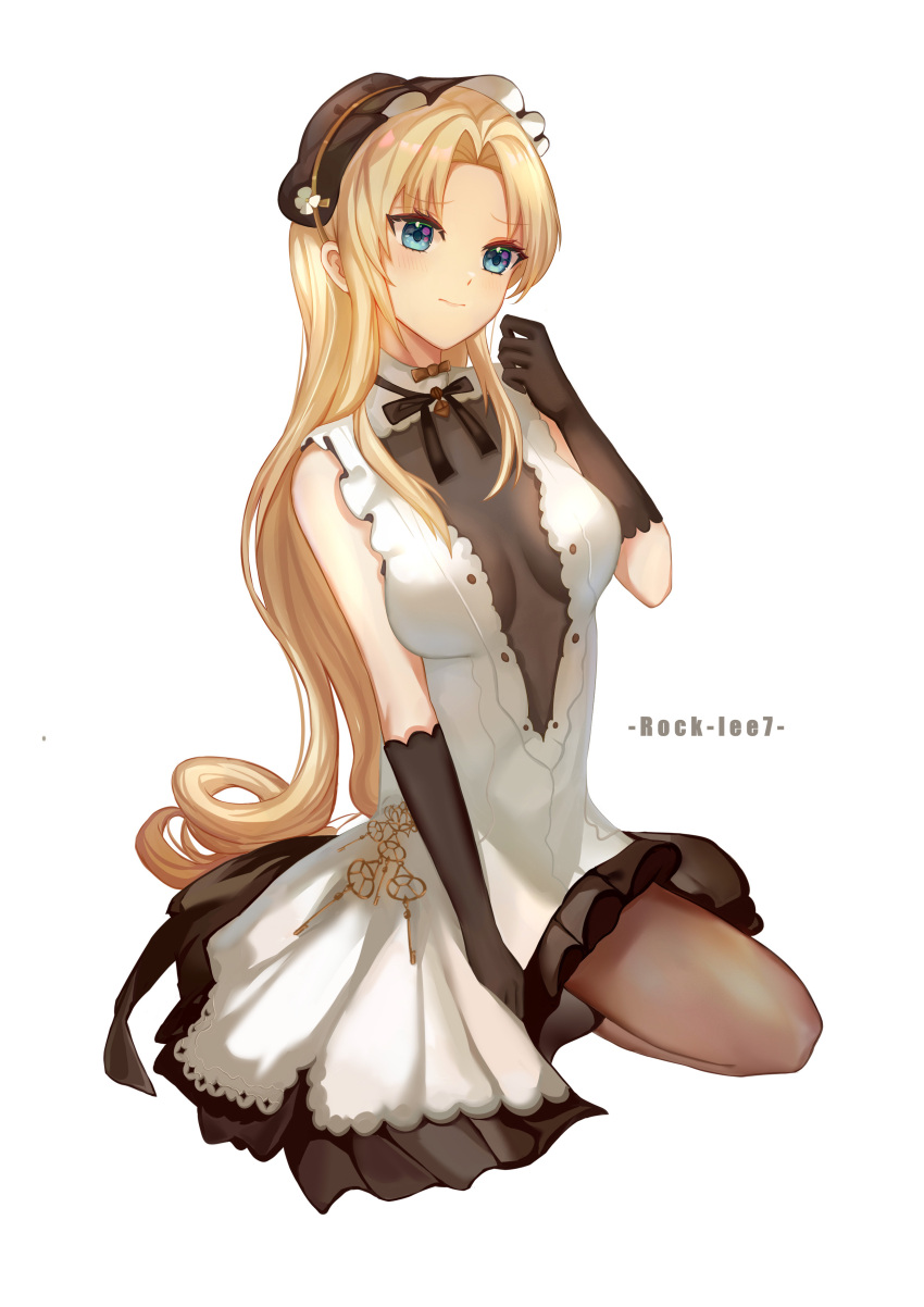 1girl absurdres artist_name azur_lane black_gloves blonde_hair blue_eyes breasts brown_dress center_opening dress gloves highres long_hair rock-lee7 see-through see-through_dress simple_background small_breasts solo two-tone_dress vanguard_(azur_lane) vanguard_(half-hearted_masquerade)_(azur_lane) very_long_hair white_background white_dress