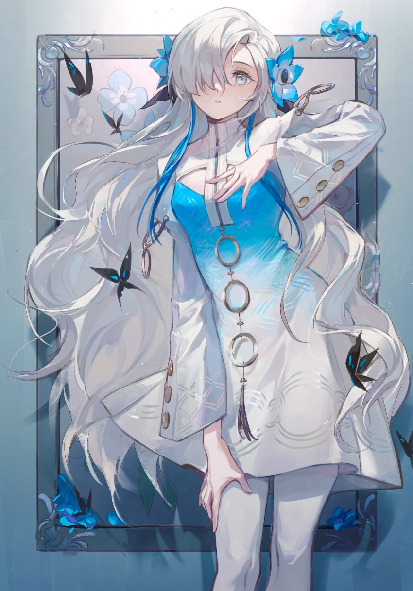 1girl bangs blue_dress blue_flower blue_hair bug butterfly commentary_request dress feet_out_of_frame flower grey_eyes hair_flower hair_ornament hair_over_one_eye hand_on_own_chest hand_on_own_leg highres isekai_joucho kamitsubaki_studio long_hair long_sleeves looking_at_viewer multicolored_hair open_mouth pantyhose solo two-tone_hair very_long_hair virtual_youtuber white_dress white_hair white_pantyhose zhongmu