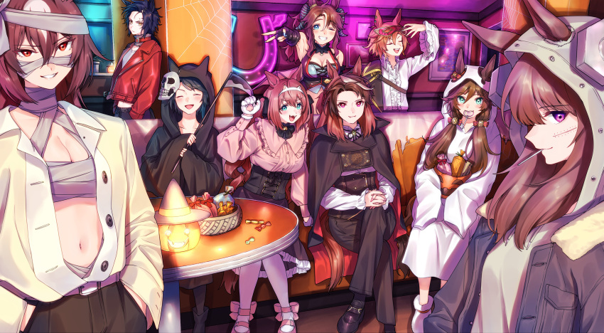 6+girls absurdres air_shakur_(umamusume) alternate_hairstyle animal_ears animal_hands bandaged_head bandages bangs belt black_cape black_gloves black_hair black_jacket black_pants black_robe black_skirt blush bow bowtie breasts brown_hair candy cape cleavage closed_eyes closed_mouth corset couch crossed_legs fangs fingers food food_in_mouth fuji_kiseki_(umamusume) gloves green_eyes grin hair_ornament hairband hairclip halloween halloween_costume hand_up hat high-waist_skirt highres hood hood_up hooded_robe horns horse_ears horse_girl horse_tail indoors jack-o'-lantern jacket lollipop long_hair long_sleeves looking_at_viewer low_twintails maruzensky_(umamusume) mask mask_on_head masquerade_mask medium_breasts mejiro_palmer_(devil_in_the_moonlight)_(umamusume) mejiro_palmer_(umamusume) mihono_bourbon_(umamusume) mr._c.b._(umamusume) multicolored_hair multiple_girls open_clothes open_jacket open_mouth orange_hair own_hands_together pants paw_gloves pink_shirt purple_eyes reaching_out red_eyes red_jacket robe royal_sorceror_navlaan screw_in_head scythe shirt shoes short_hair sirius_symboli_(umamusume) sitting skirt skull_mask small_breasts smile standing symboli_rudolf_(umamusume) t.m._opera_o_(umamusume) table tail tamayume teeth twintails umamusume v white_shirt witch_hat yellow_eyes