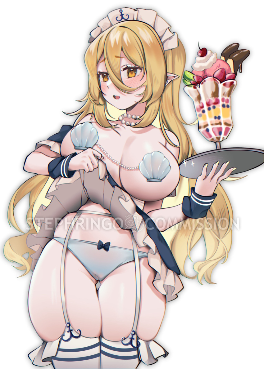 1girl :o anchor_symbol ass_visible_through_thighs blonde_hair blush breasts cameltoe clothes_lift commission food garter_straps hair_between_eyes highres holding holding_tray jewelry large_breasts lifted_by_self long_hair maid_headdress necklace original pearl_necklace pointy_ears shell shell_bikini skindentation skirt skirt_lift solo stephringo thighhighs tray yellow_eyes