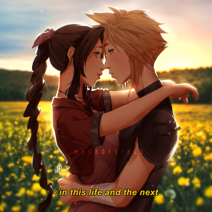 1boy 1girl aerith_gainsborough aqua_eyes armor arms_around_neck artist_name bandaged_arm bandages bangs blonde_hair breasts brown_hair choker cloud_strife couple cropped_jacket dress english_text field final_fantasy final_fantasy_vii flower flower_field forehead-to-forehead from_side green_eyes hair_ribbon heads_together hetero highres jacket long_hair looking_at_another mageofspace nature outdoors parted_bangs pink_dress pink_ribbon profile red_jacket ribbon ribbon_choker short_hair short_sleeves shoulder_armor sidelocks sleeveless sleeveless_turtleneck smile spiked_hair subtitled turtleneck upper_body wavy_hair yellow_flower