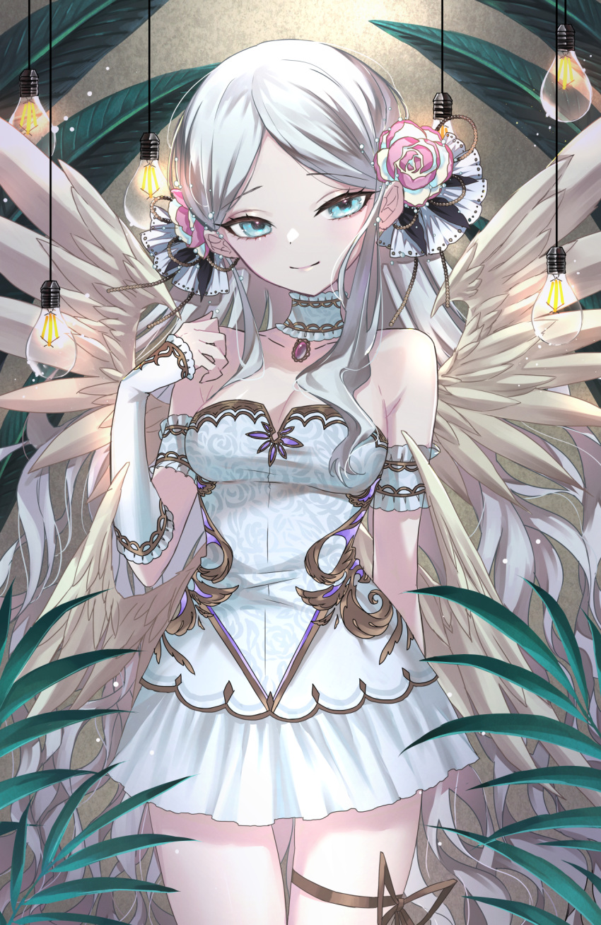 1girl angel angel_wings blue_eyes chocolate4170615 closed_mouth dress facing_viewer feathered_wings flower grey_hair hair_flower hair_ornament highres leaf light_bulb original pink_flower pink_rose rose short_dress smile solo thigh_strap white_dress wings