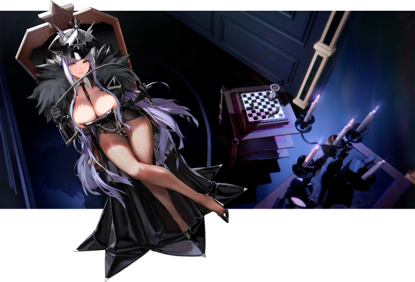 1girl aiguillette areola_slip asymmetrical_clothes asymmetrical_sleeves between_breasts black_coat black_footwear black_gloves black_lilith_(last_origin) black_necktie breasts bursting_breasts buttons candle candlelight candlestand chess_piece chessboard cleavage cleavage_cutout clock closed_mouth clothing_cutout coat collar collarbone collared_dress convenient_censoring crossed_legs dark_room desk double-breasted dress fire from_above fur-trimmed_coat fur_trim game_cg gloves hat high_heels highres holding holding_whip hourglass huge_breasts indoors last_origin leather leather_gloves lips long_coat long_hair looking_at_viewer military military_hat military_rank_insignia military_uniform necktie necktie_between_breasts no_bra no_panties official_alternate_costume official_art peaked_cap pinkmill purple_fire purple_hair ribbon_bar sign sitting skindentation smile solo star_(symbol) table tachi-e thighs throne transparent_background uniform very_long_hair warning_sign whip white_collar wide_hips wooden_chair wooden_wall yellow_eyes